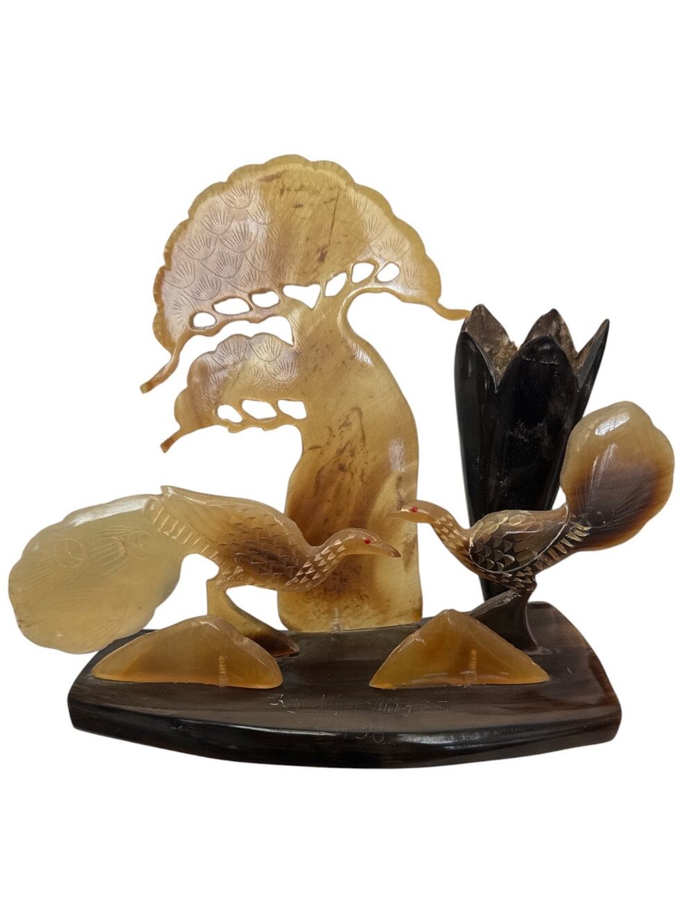 Mid-Century Asian Carved Horn Sculpture With Birds Tree Vase